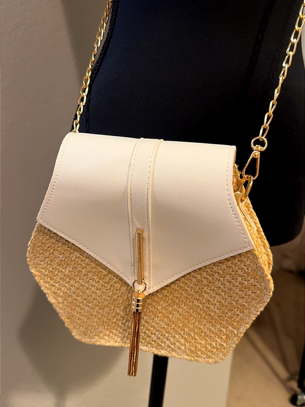 Woven Straw Crossbody Bag with White Flap and Gold Chain